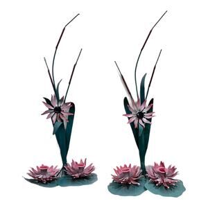 Set Vintage Mid Century Tole Lotus Flower Sconce Candlestick Holder Pink Green